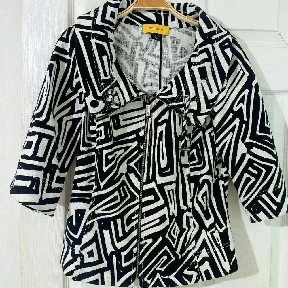 St. John Black White Geometric Jacket Full Zip 3/4 Sleeve Sz. 4
